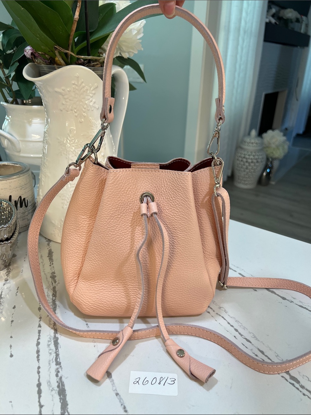 Vera Pelle Made in Italy 🇮🇹 Peach Pink Leather Drawstring Mini Bucket Bag